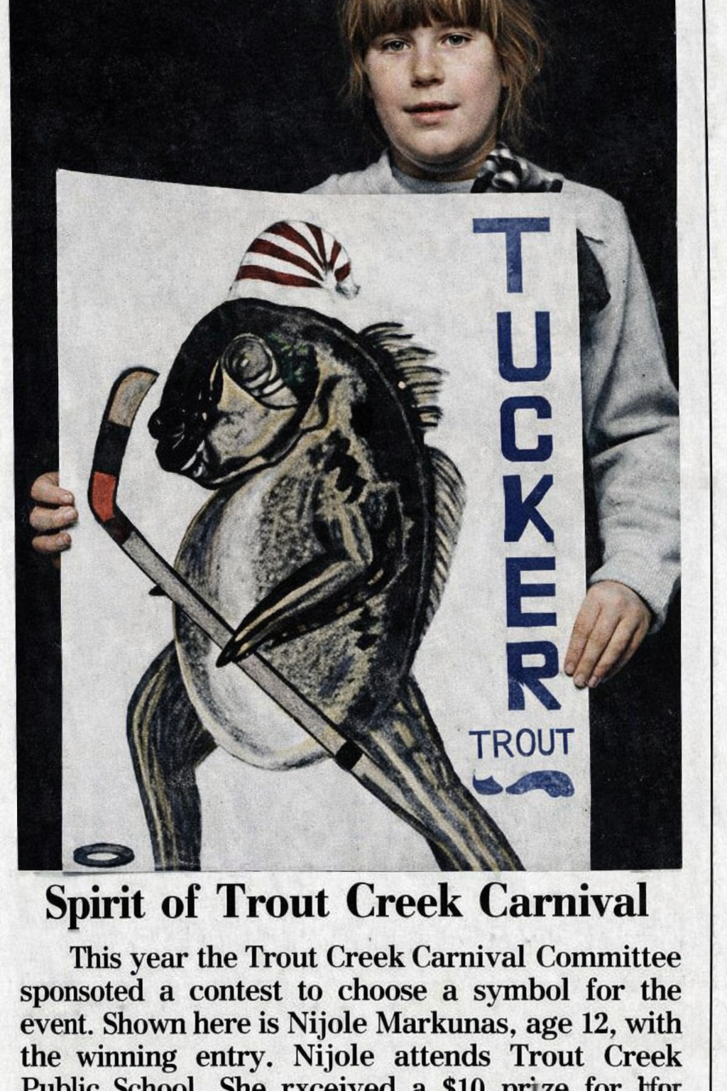 Original newspaper clipping showing Tucker Trout mascot winning entry by Nijole Markunas